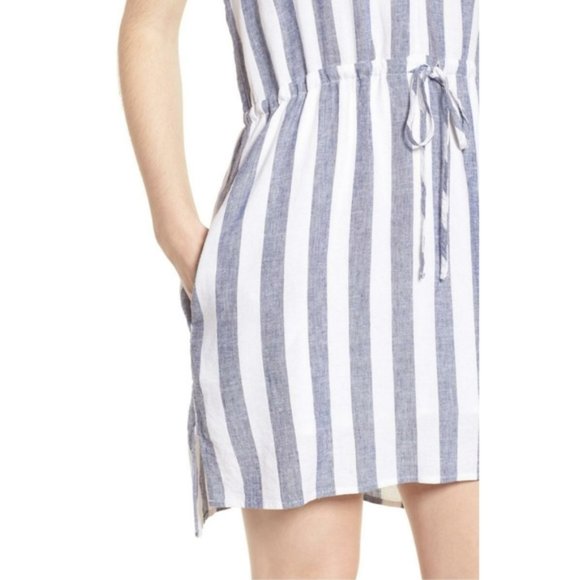 Rails Wren Seattle Linen Blend Blue & White V-Neck Striped Dress Sz Large - Picture 4 of 15